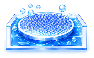 Blue wafer with liquid droplets